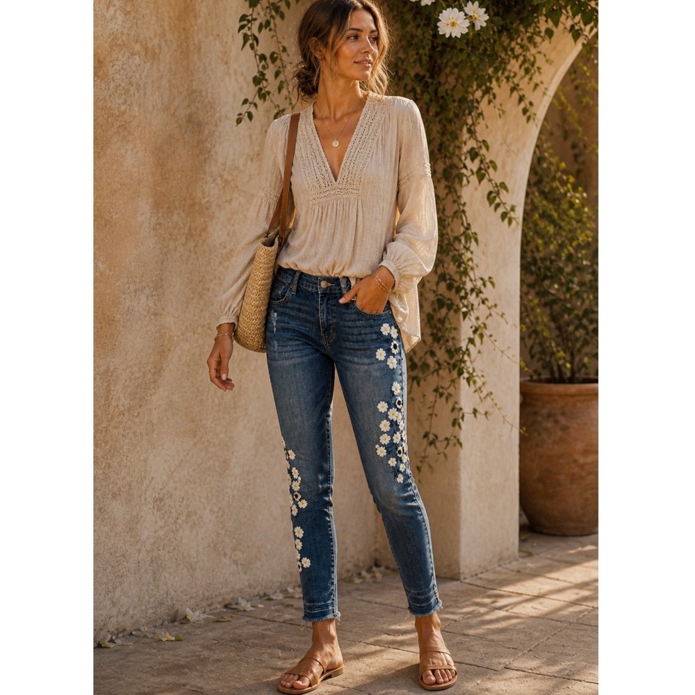 Driftwood Marilyn Jeans Women 29 Floral Embroidered Skinny Raw Step Hem BOHO - Picture 1 of 11
